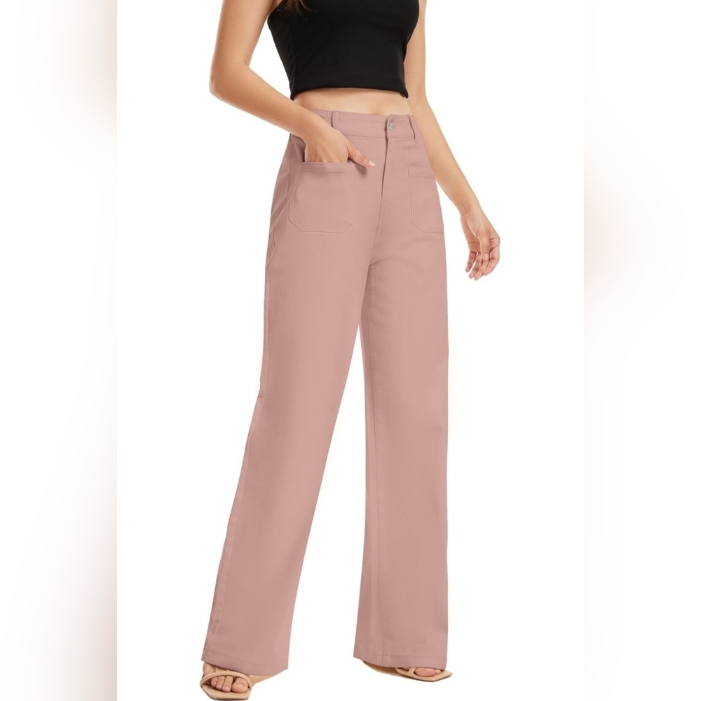 Wide Leg High Waisted Pants Size L NWT Blush Pink Stretchy Soft Trendy - Picture 5 of 5